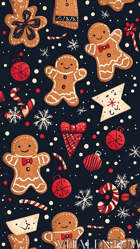 Digital pattern of stylized gingerbread cookies and ornaments.