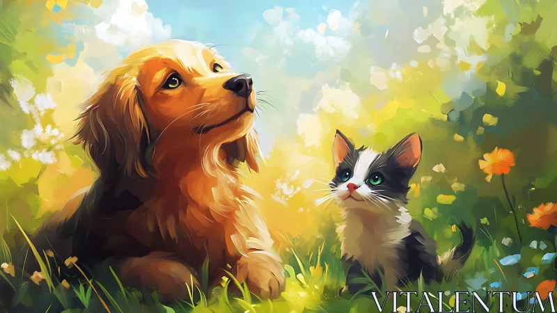 Golden Retriever and Black-White Kitten in Sunlit Meadow with Atmospheric Rendering