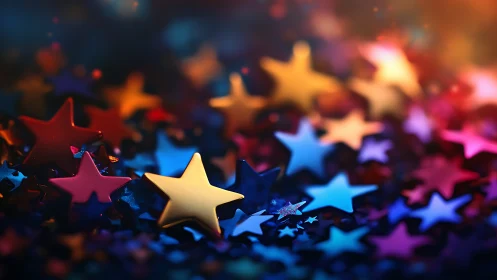 Shallow-focus bokeh study of scattered multicolor star confetti