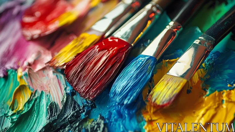 Colorful paintbrushes on palette with vibrant acrylic textures.