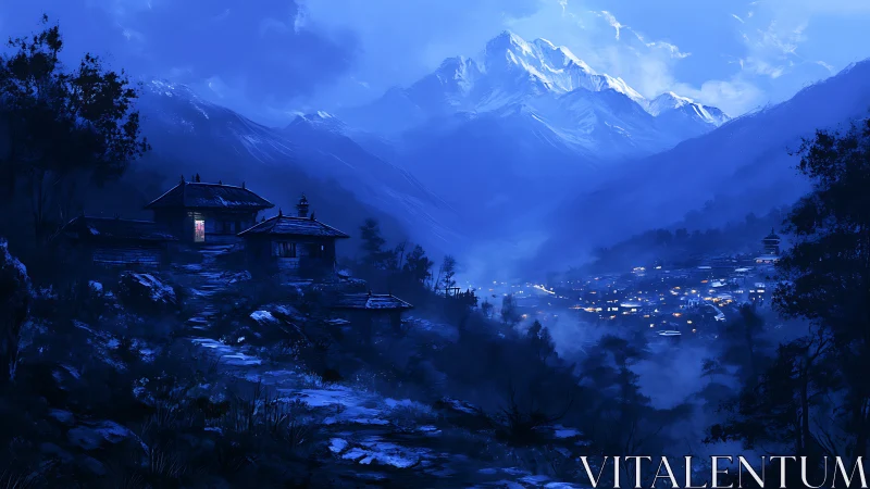 Mountain village glows under tranquil blue moonlit sky.
