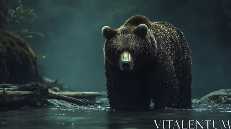 Nocturnal riverine grizzly in volumetric fog illumination.