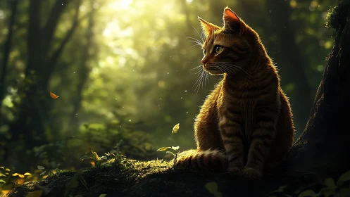 Tabby cat sits on moss in forest clearing with backlight