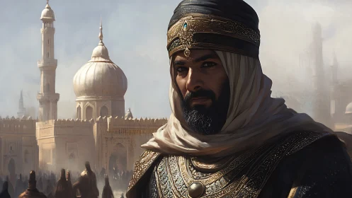 Regal desert commander before domed citadel in haze.