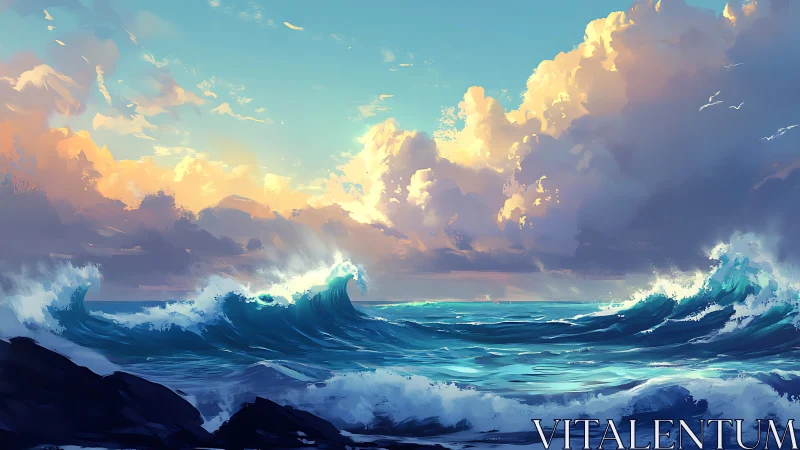 Sunlit ocean waves dancing beneath glowing clouds.