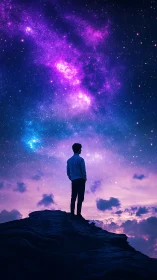 Stargazing dreamer under a neon galaxy river of night.