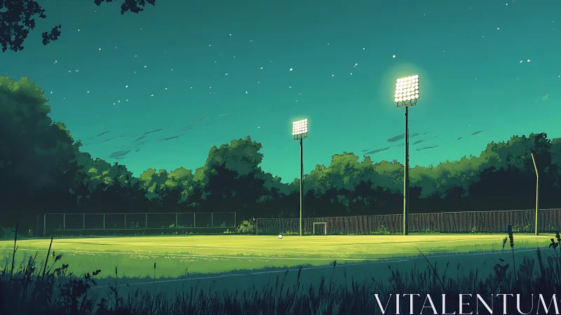 Quiet night soccer field glowing softly under starlight.