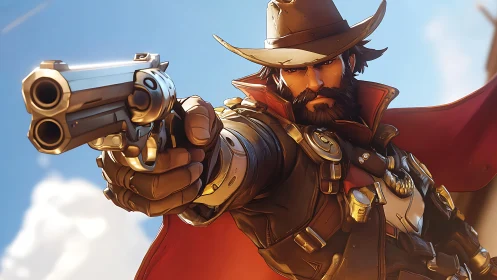 Stylized gunslinger aiming revolver in dynamic foreshortened view