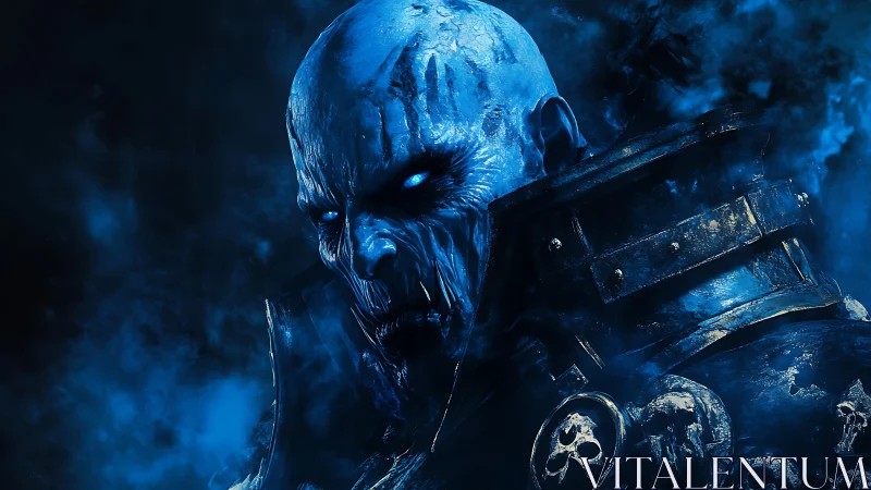 Armored blue undead warrior in dark atmospheric portrait.