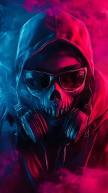 Hooded skull DJ in neon blue and pink smoke portrait.