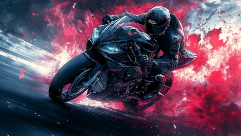 Rider leans into the curve as vivid speed and color explode