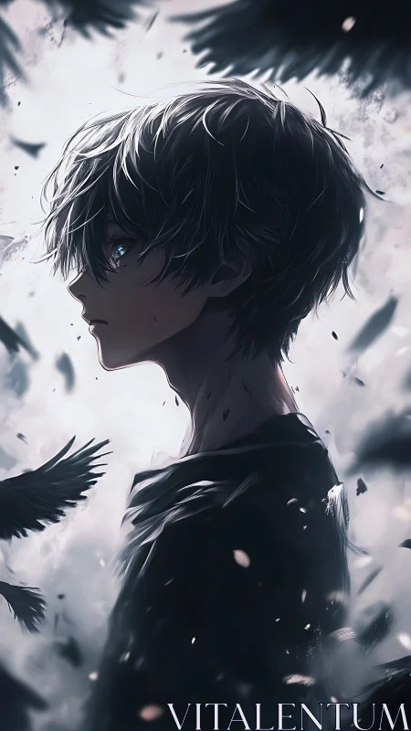 Melancholic silver haired boy amid swirling dark feathers.