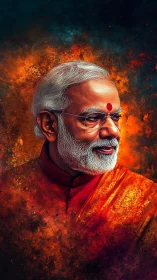 High saturation digital portrait with textured bokeh fire background