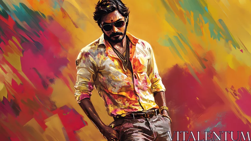 Dynamic male portrait rendered in saturated brushstroke color fields