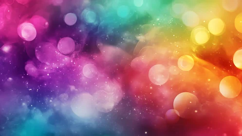 Glowing rainbow nebula drifts with soft bokeh lights and color