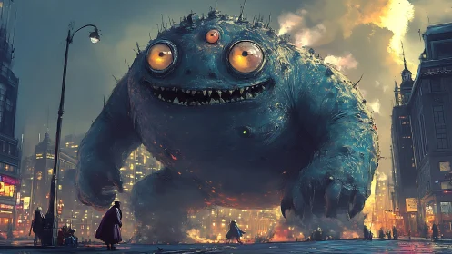 Colossal three-eyed monster advances through burning city streets