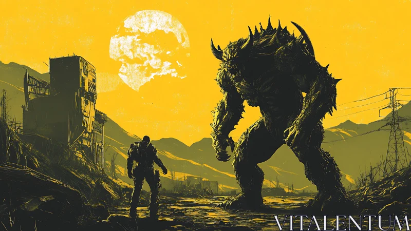 Armored survivor confronts giant monster in ruined wasteland.