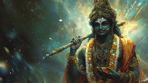 Divine blue deity holds golden flute amid cosmic light