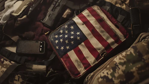 Weathered US flag tactical pouch on military gear layout