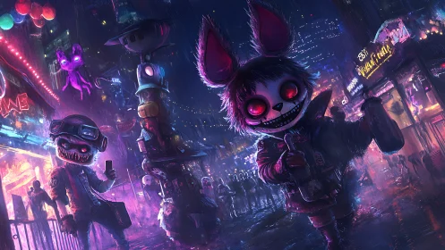 Creepy bunny mascot walks neon rain street at night.