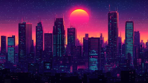 Neon voxel-style skyline under saturated magenta sunset gradient