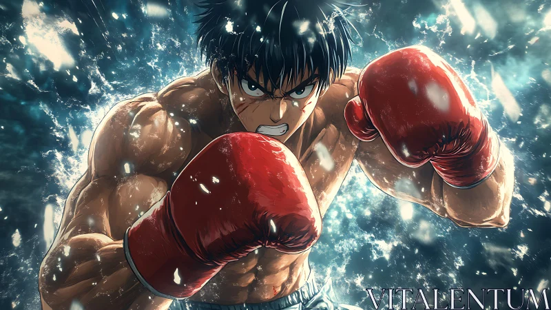 Determined anime boxer charging forward with fiery focus.
