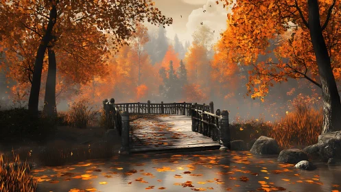 Wooden bridge crossing a tranquil, misty autumn river.