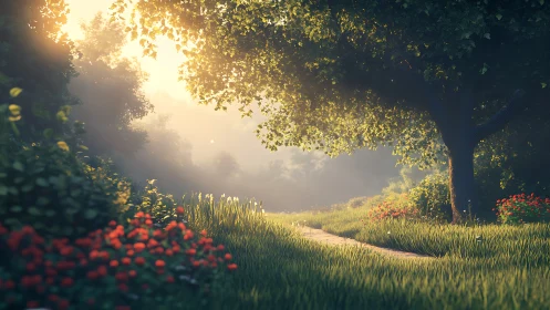 Volumetric sunrise illuminates detailed forest path and foliage