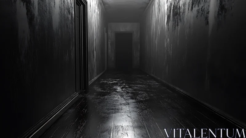 Midnight corridor glistens toward a silent, ominous doorway.