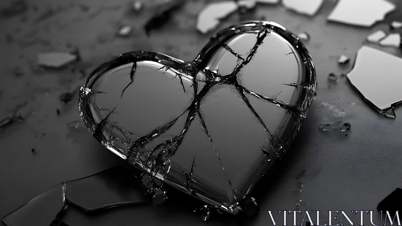 Broken glass heart shape with jagged cracks in monochrome