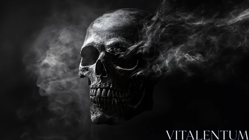 Dark skull wreathed in drifting smoke against black void.