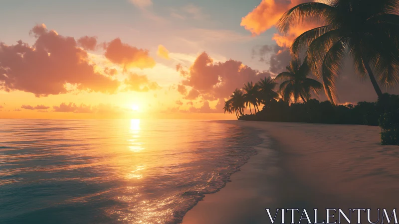 Radiant tropical shoreline under computational sunset lightfield.