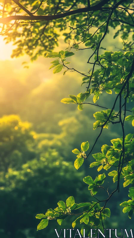Backlit tree foliage displays warm bokeh and shallow depth of field