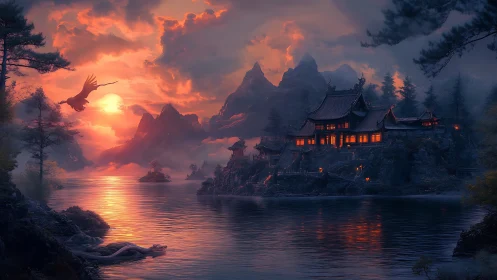Sunset sanctuary by the lake with dragon and lantern glow.