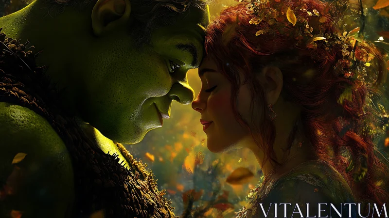 Mystical Embrace: Ogre and Maiden in Golden Luminescent Forest Setting.