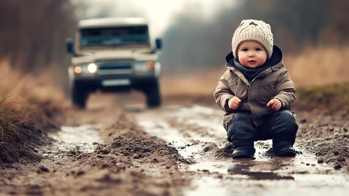 Infant seated on unpaved road with vehicle in background.