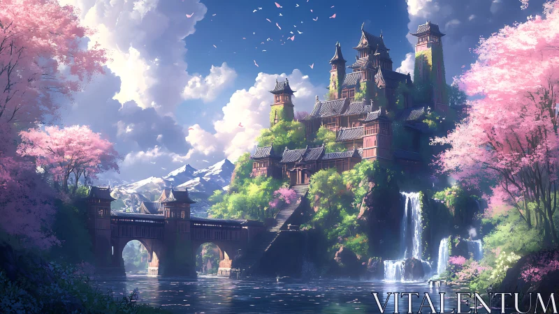 Blossom crowned mountain castle beside whispering waterfalls.