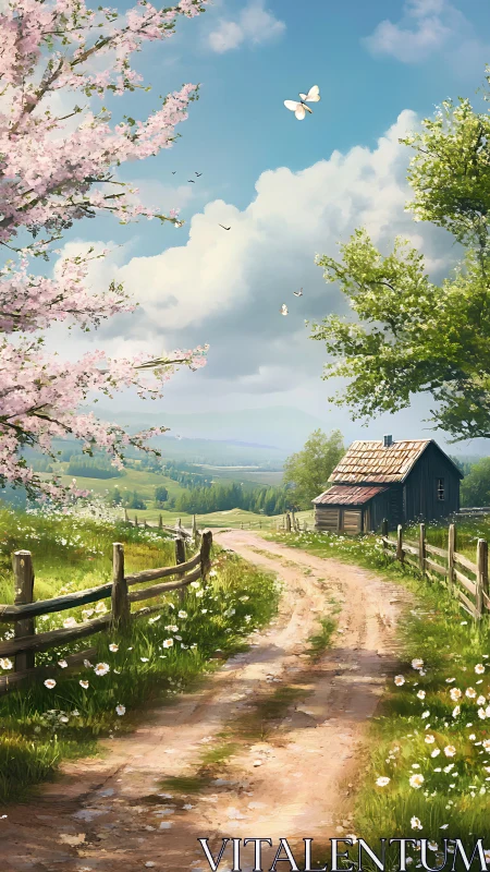 Curved dirt lane leads to rural cottage under blooming spring trees