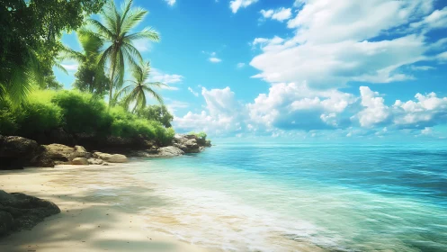 Tropical Lagoon With Palm Fronds and Azure Waters. Coastal Paradise