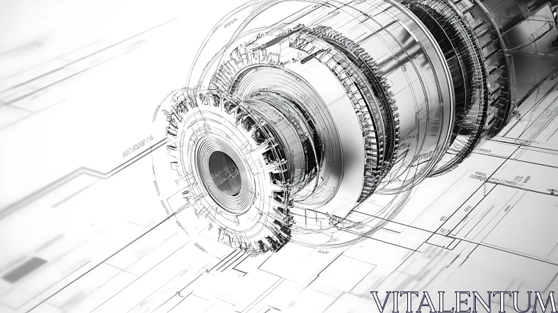 Futuristic turbine blueprint renders mechanical precision in chrome