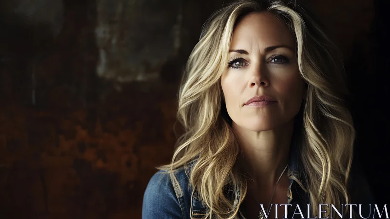 Portrait of Thoughtful Blonde Woman in Denim, Moody Lighting.