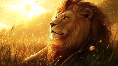 Lion lies in tall grass under intense golden sunset light