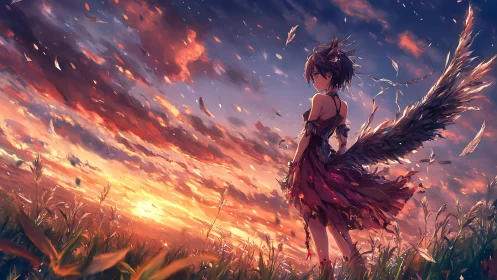 Winged girl stands in sunset field with dramatic sky.