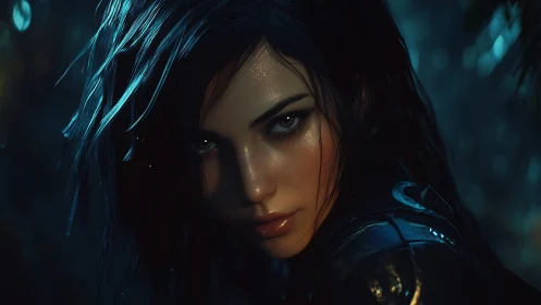 Cinematic cyberpunk portrait with wet-look lighting and focus.