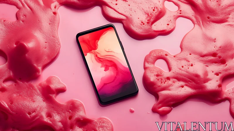 Smartphone on glossy pink liquid surface in studio.