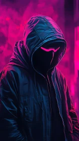 Cyberpunk hooded figure under neon magenta glow.