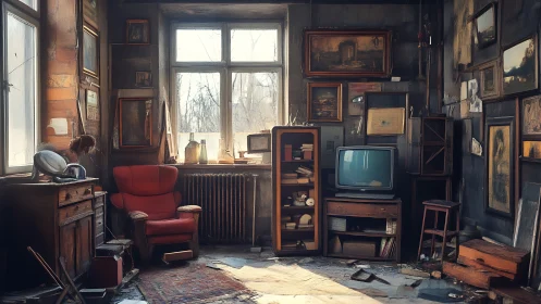 Dusty vintage living room cluttered with old furniture.