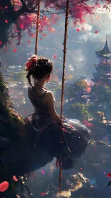 Girl on cliffside swing above misty fantasy pagoda town.