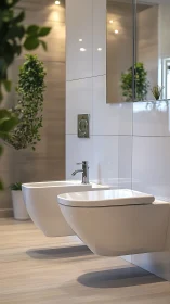 Wall-mounted bidet and toilet define minimal bathroom design