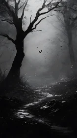 Nocturnal fog forest path with silhouetted gnarled tree.